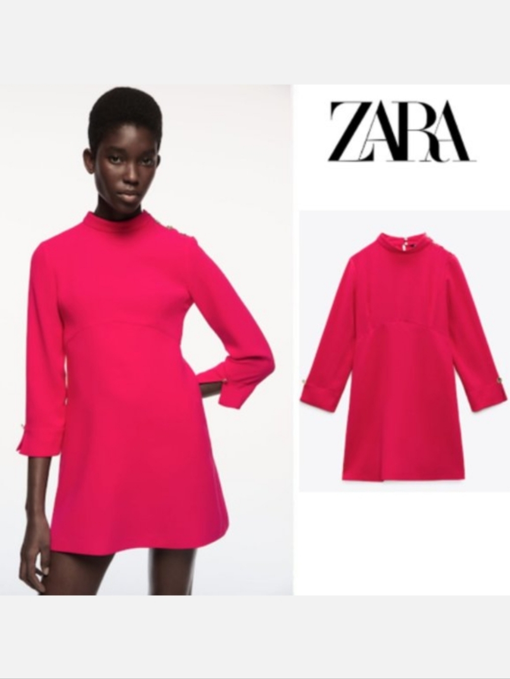 Zara Hot Pink Long Sleeve Dress with Button Details
